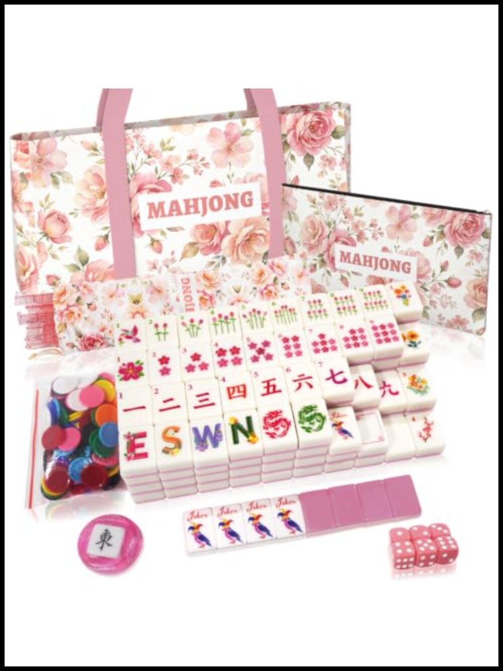 American Mahjong Set 168 Melamine Tiles 4 Racks Pushers, Tote Bag, Dice & Chips